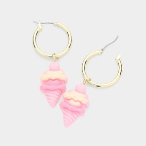 Pink Ice Cream Cone Gold Fun Dangle Earrings Cute